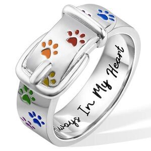 NWT Pet Collar Ring Sz 10/ Rainbow Dog Cat Paw Print engraved Always in my Heart